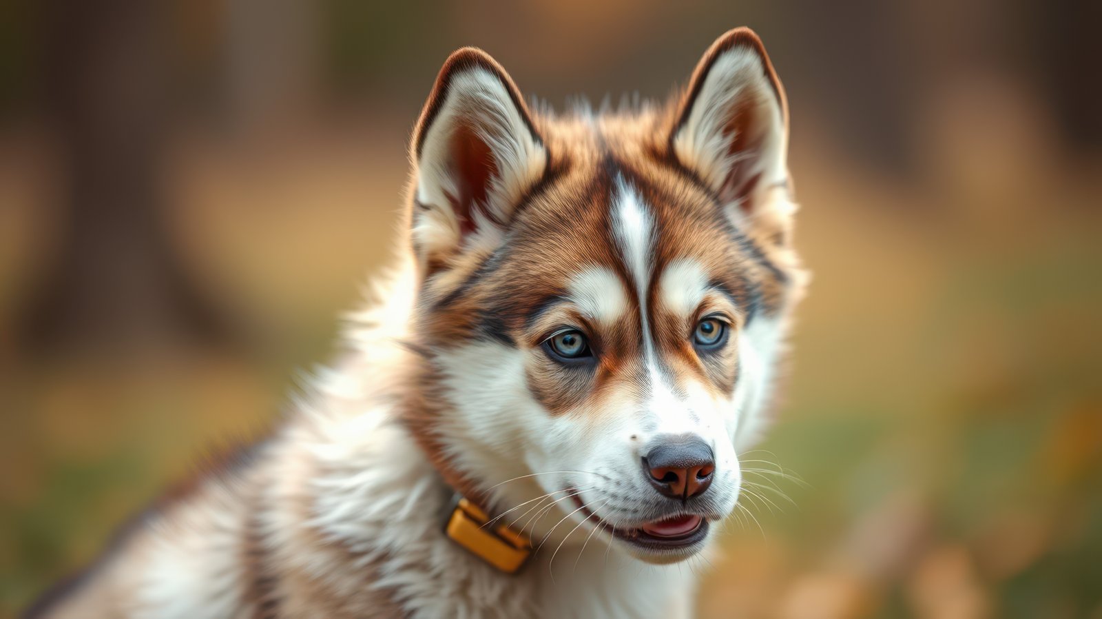 Cute puppy stands in a park surrounded by autumn leaves enjoying a sunny day outdoors